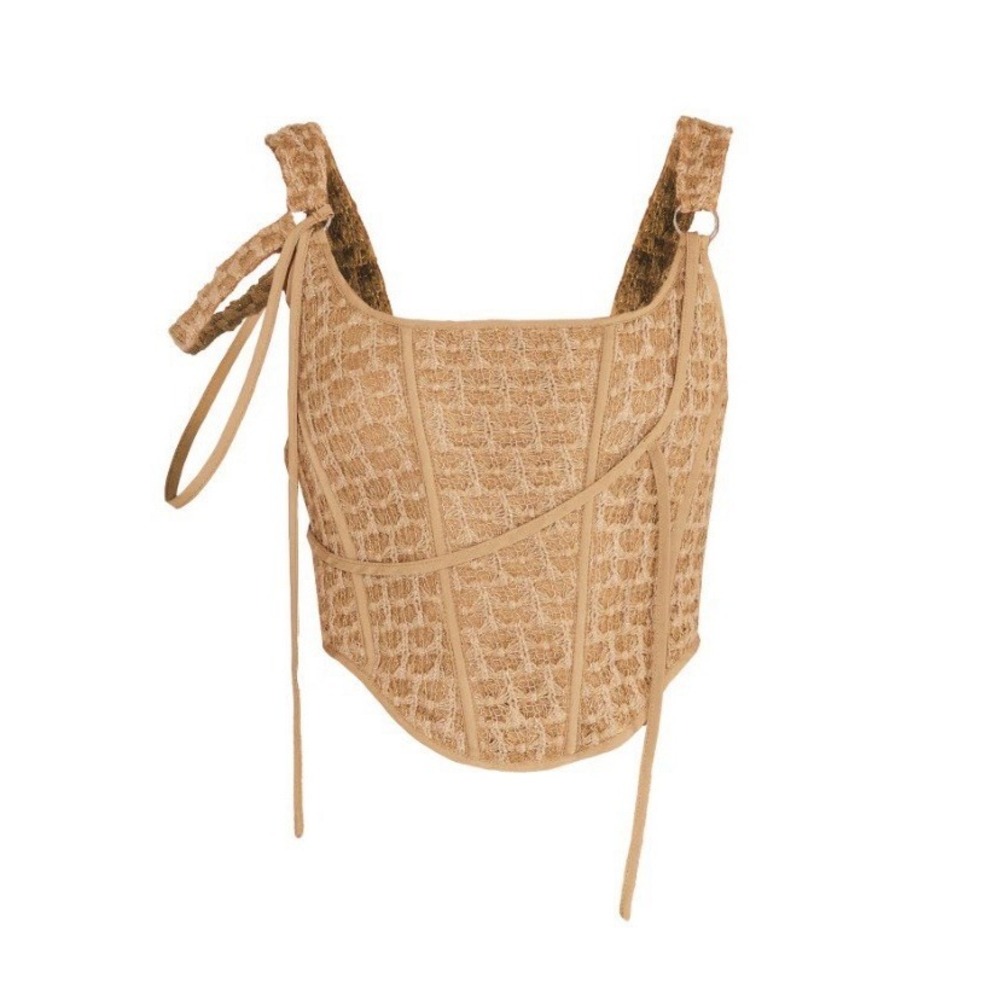 Pretty Little Thing 6 Corset Top Strap Front Taupe Textured Festival Boho Grunge